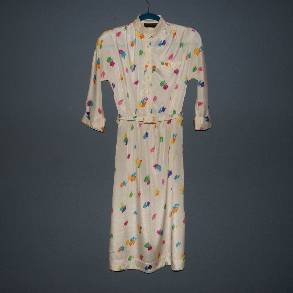 VINTAGE 70's Color Splash Secretary Midi Dress S/M - Picture 6 of 7